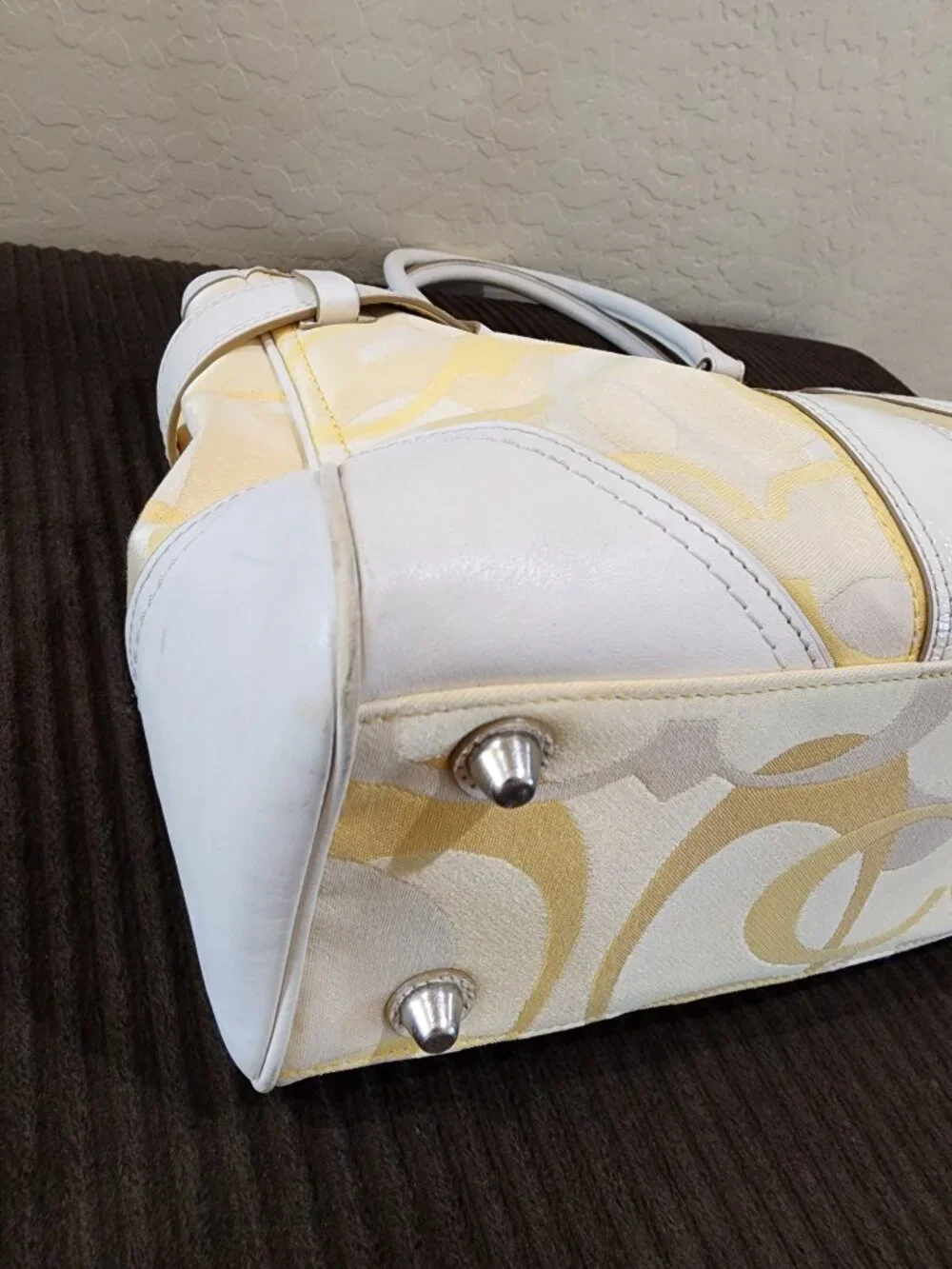 Coach Hampton Optic Signature Stripe Yellow White Double Handle Shoulder Bag